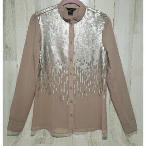 New MODA INTERNATIONAL Sheer Button Down Blouse Sz S Sequins Party Holiday NYE